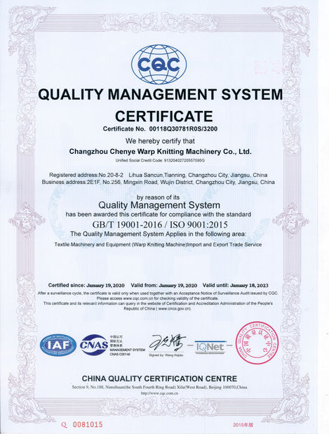 CHINA Changzhou Chenye Warp Knitting Machinery Co., Ltd. Certificações
