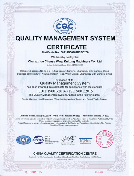 CHINA Changzhou Chenye Warp Knitting Machinery Co., Ltd. Leave Messages Certificações
