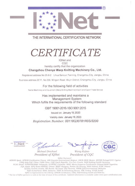 CHINA Changzhou Chenye Warp Knitting Machinery Co., Ltd. Certificações