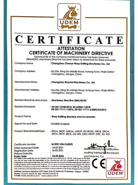 CHINA Changzhou Chenye Warp Knitting Machinery Co., Ltd. Certificações