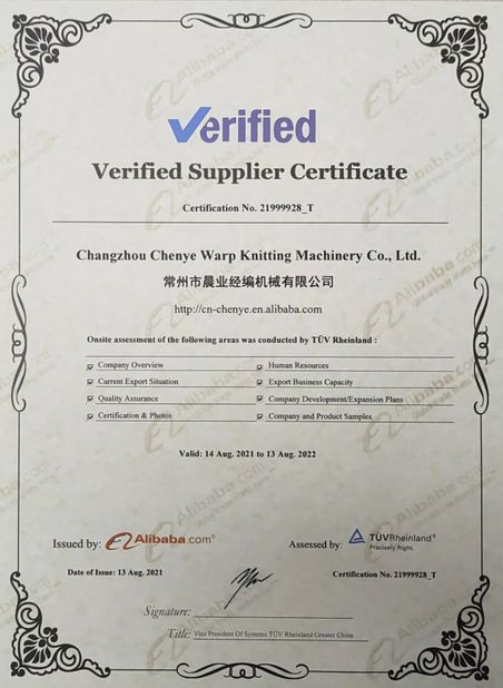 CHINA Changzhou Chenye Warp Knitting Machinery Co., Ltd. Certificações